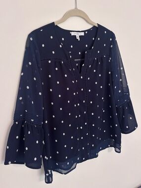 Fever Navy Polka Dot Blouse Office Career Boho